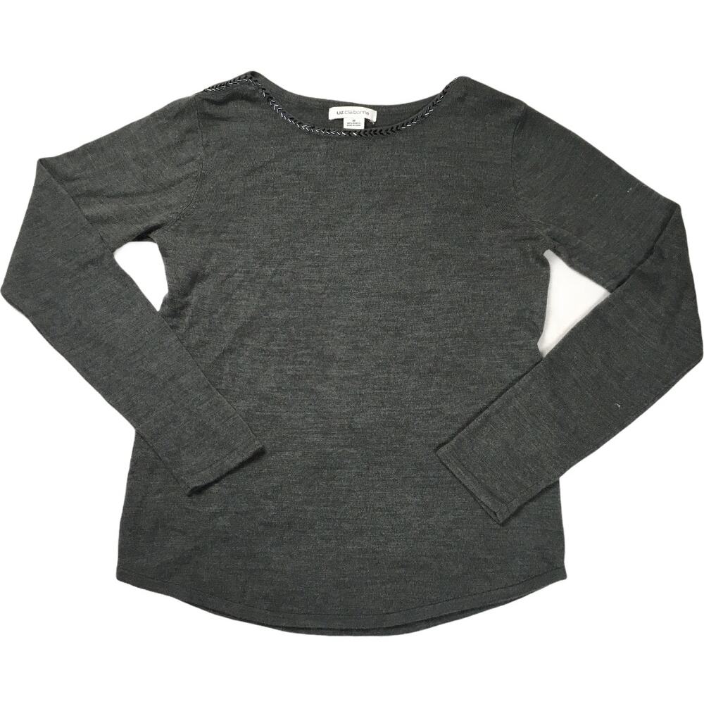 Liz Claiborne Sweater‎ Beaded Neck Gray Lightweight Knit Long Sleeve Women's M